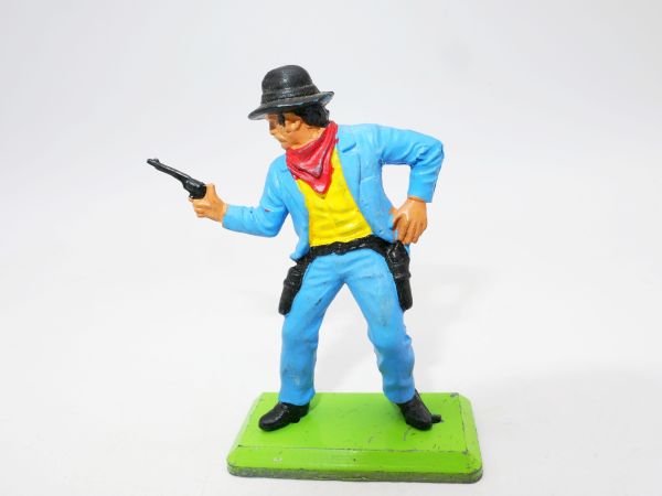 Britains Deetail Cowboy shooting 1 pistol, 1 hand on belt, blue jacket