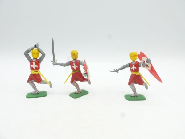 3 medieval knights on foot, red