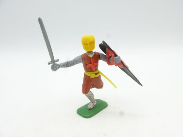 Medieval knight running with sword + shield, brown