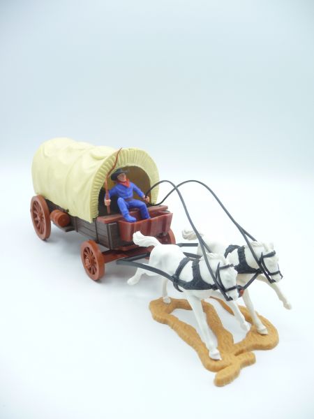 Timpo Toys Covered wagon with beautiful dark brown chassis, blue coachman