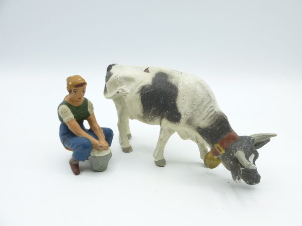 Lineol Kuh mit Glocke, grasend, mit Magd - Zustand s. Fotos