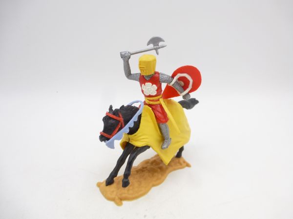 Timpo Toys Medieval knight on horseback, red/yellow, white flower