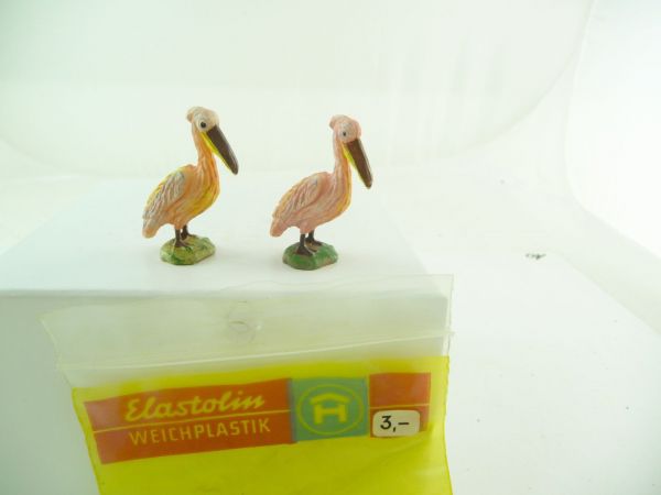Elastolin soft plastic 2 pelicans, pink - orig. packing with original price label, shop-discovery
