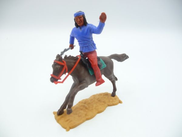 Timpo Toys Apache riding medium blue with tomahawk, greeting