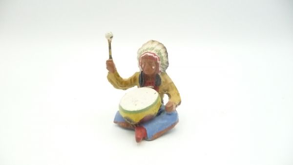 Elastolin Masse Indianer sitzend mit Trommel (Vorkrieg) - seltene Hosenfarbe