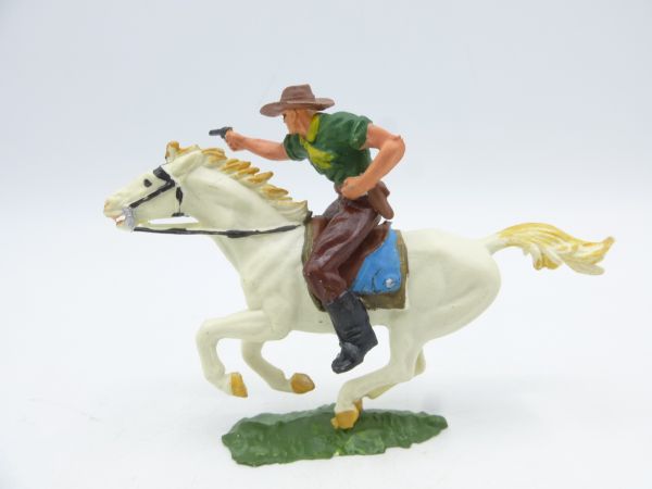 Elastolin 4 cm Cowboy zu Pferd mit Pistole, Nr. 6992, grünes Hemd