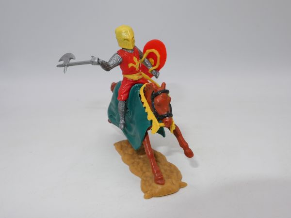 Timpo Toys Medieval knight on horseback, red/yellow with battle axe