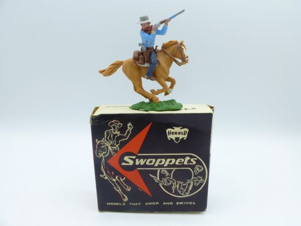 Britains Swoppets Cowboy riding, firing - in old box, top figure