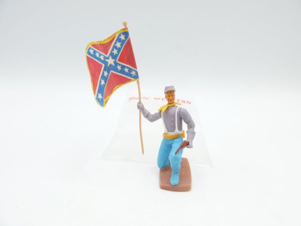 Plasty Confederate Army soldier kneeling with flag + pistol