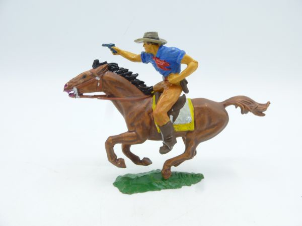 Elastolin 4 cm Cowboy zu Pferd mit Pistole, Nr. 6992, blaues Hemd