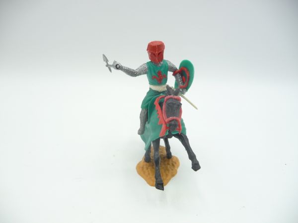 Timpo Toys Ritter reitend, grün/rot, mit Axt seitlich ausholend