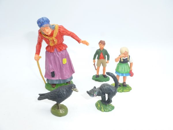 Elastolin Witch with Hansel and Gretel + cat + raven - great set