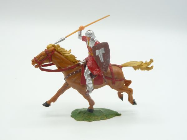 Elastolin 4 cm Normanne mit Speer zu Pferd, Nr. 8853, rot - schöne Figur