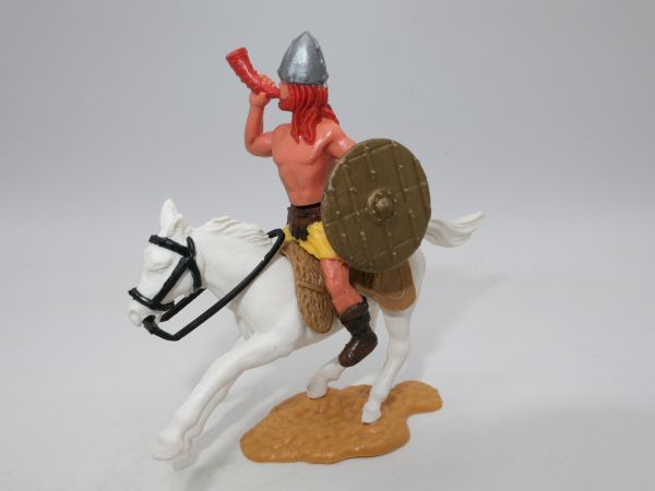 Timpo Toys Viking on horseback, horn blower with golden shield, red hair