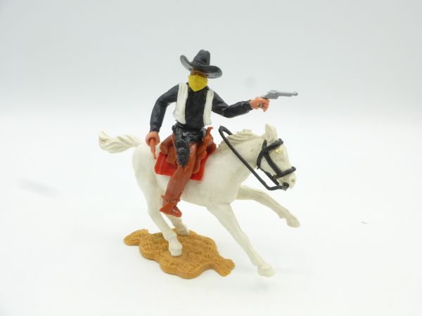 Timpo Toys Bandit on horseback with pistol + rifle, black shirt, white waistcoat