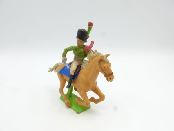 Britains Deetail Waterloo soldier riding, green/red uniform, sabre at side