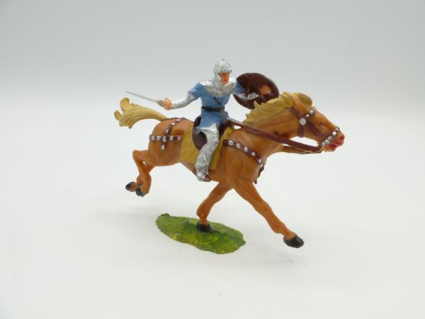 Elastolin 4 cm Norman with sword on horseback, No. 8856, light blue