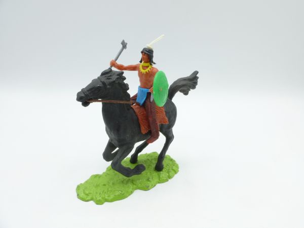 Elastolin 7 cm Indianer zu Pferd mit Tomahawk + Schild (grünes Schild)