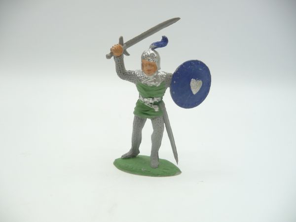 Timpo Toys Ritter mit Schwert + Schild, ohne Visier, grün/blau - wie neu, seltene Farbe
