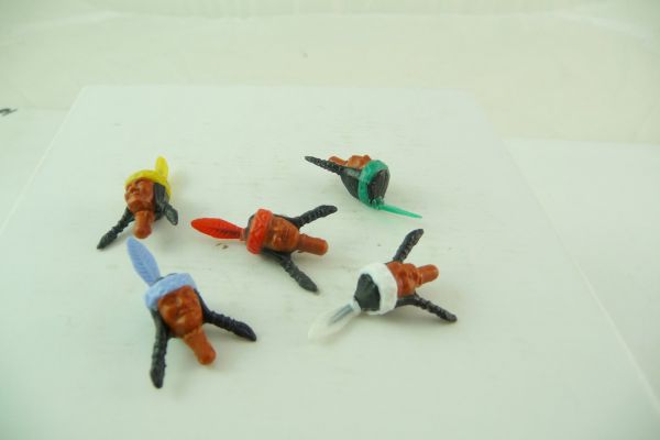 Timpo Toys 5 Indianerköpfe mit Federn in verschiedenen Farben