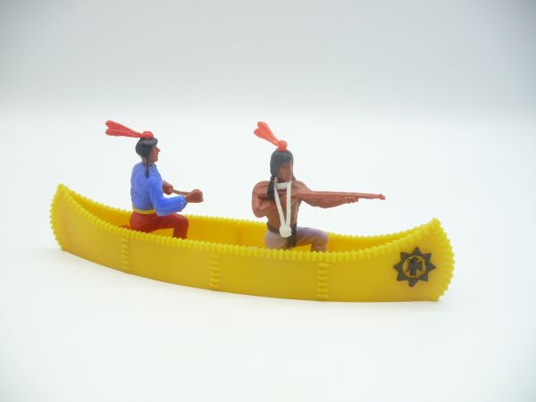 Timpo Toys Canoe with 2 Indians, translucent yellow with black emblem