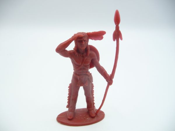 Linde Indian standing with spear, peering, dark red