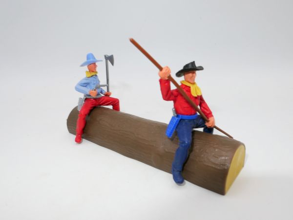 Timpo Toys Tree trunk variation with Cowboys, blue hat (hat not Timpo)