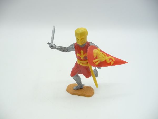Timpo Toys Mittelalterritter laufend, rot/gelb, mit Schwert ausholend