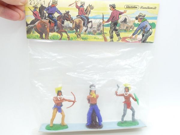 Elastolin 5,4 cm Indians + Cowboy (3 figures) - in rare original bag