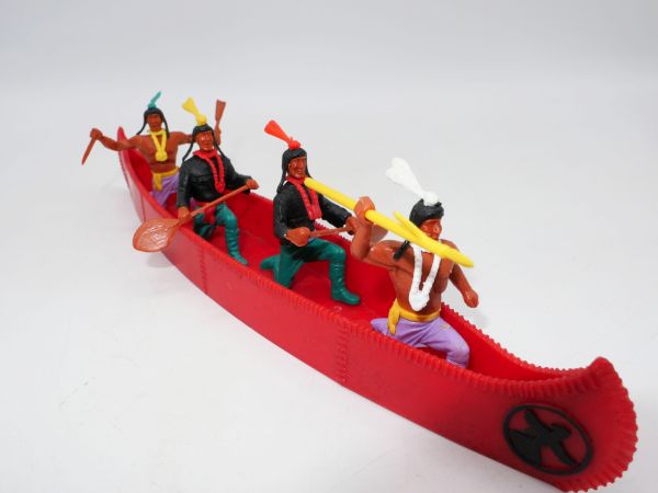 Timpo Toys Viererkanu (rot) mit 4 Indianern - die mittleren Figuren sind lose