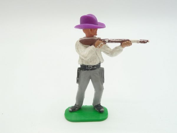 Timpo Toys Cowboy 1. Version, Sheriff mit Stülphut (lila), Gewehr schießend