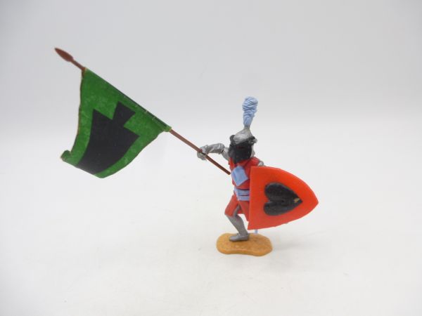 Timpo Toys Visierritter laufend, rot/hellblau mit extrem seltener Originalfahne