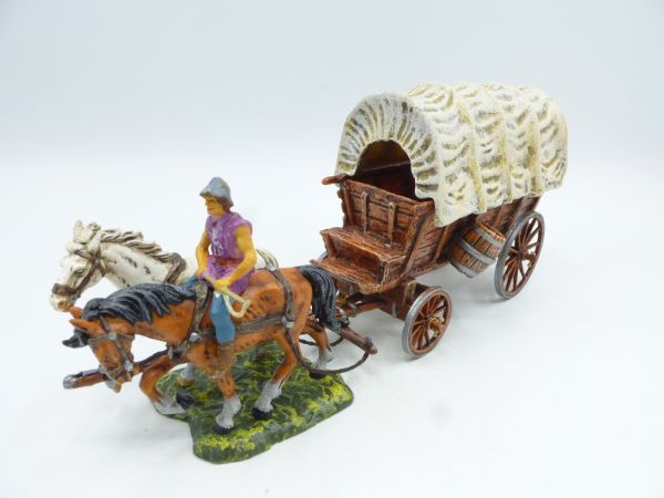Elastolin 4 cm / Diedhoff Mittelalterlicher Kampfwagen mit 2 Pferden