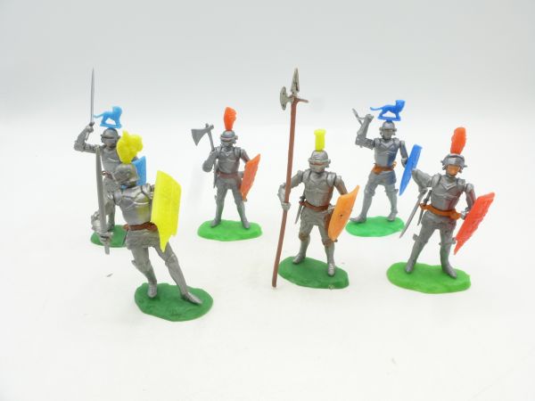 Elastolin 5,4 cm 6 knights on foot with visor, weapon(s) + shield
