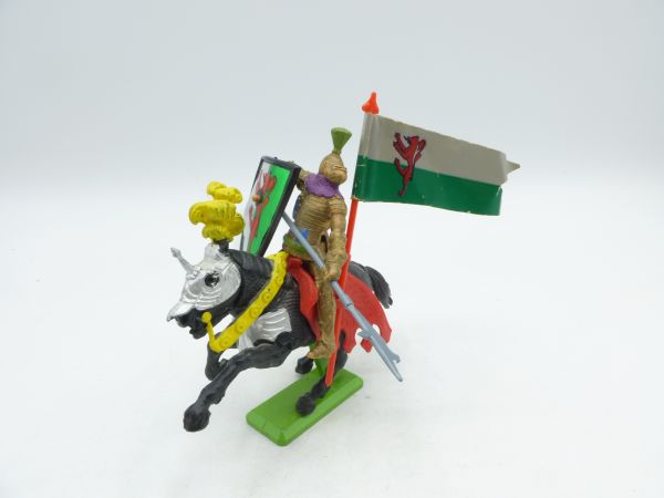 Britains Deetail Gold Knight riding with shield, lance + flag