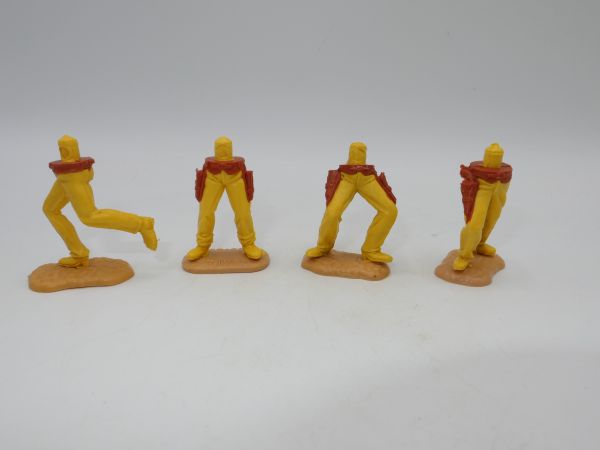 Timpo Toys 4 Cowboyunterteile, stehend / laufend, tiefgelb mit braunen Holstern